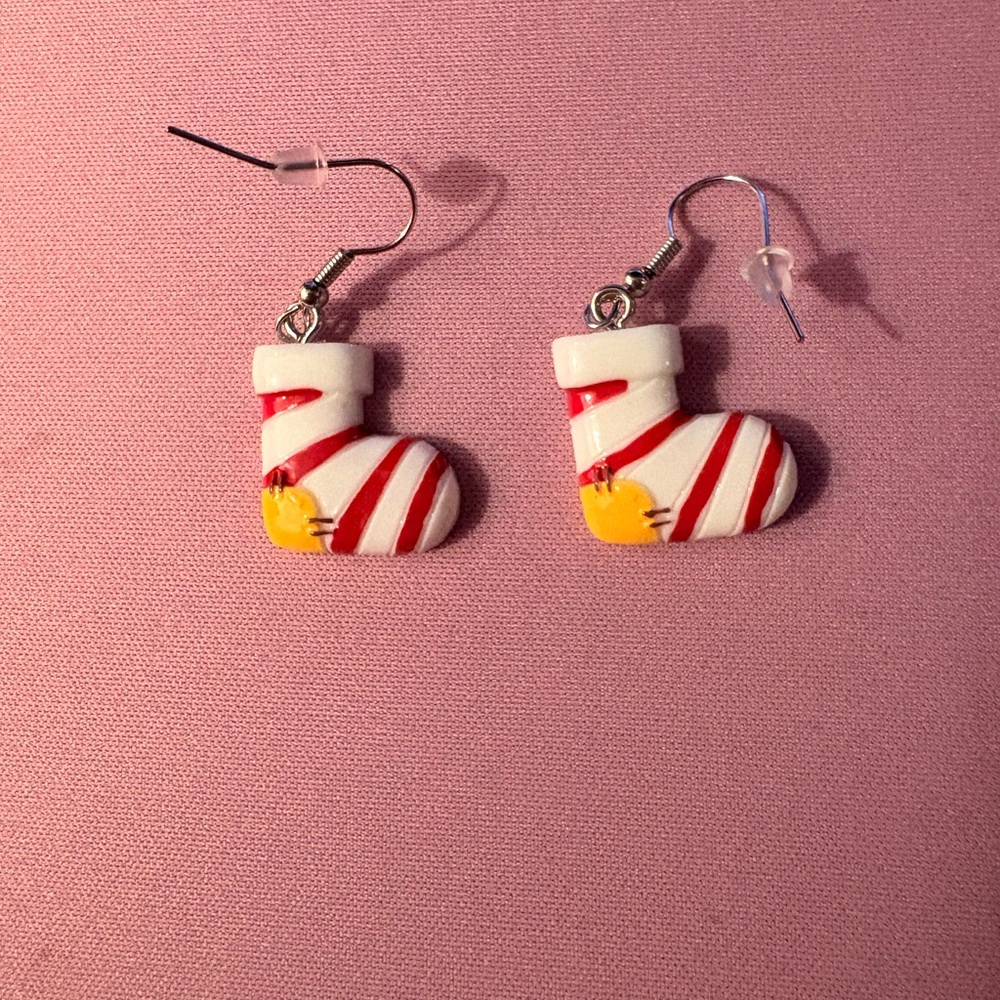 Hand Painted Red and White Stocking Earrings